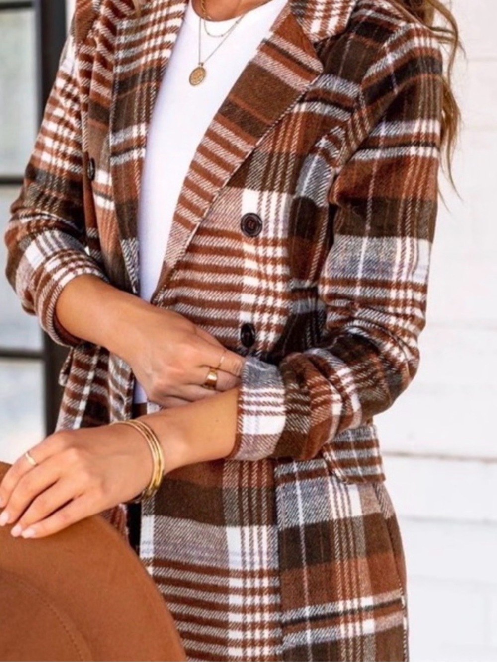 HYFVE Brown Plaid Double-Breasted Trench Coat